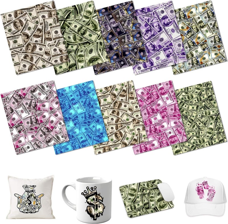HTVSTD Money Sublimation Ink Transfer Sheets 10 Sheets 12inches * 10inches Hundred Dollars Patterned Sublimation Paper Multicolor Cash Patterned Transfer Sheets for Mugs Tumblers DIY Transfer Paper - Image 1